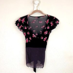 Vintage 00s Trixxi Mesh Sheer Ruffle Cap Sleeve Belted Floral Boho Top